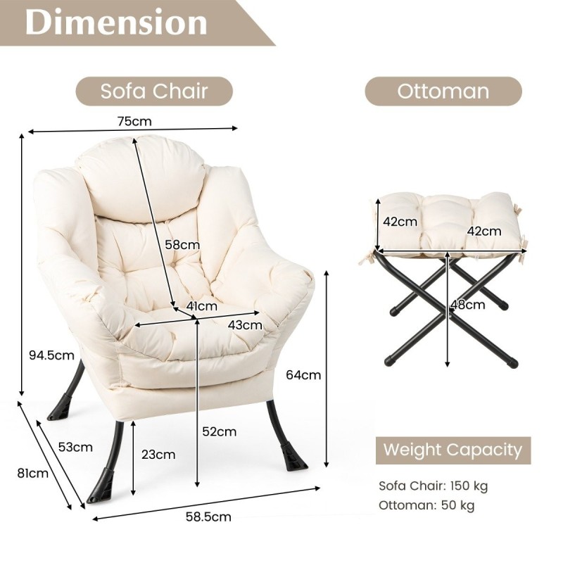 Beige nojatuoli ja rahi setti sivutaskulla