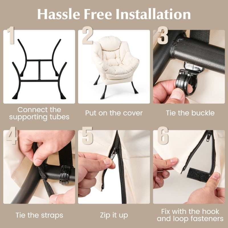 Beige nojatuoli ja rahi setti sivutaskulla