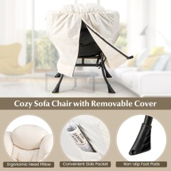 Beige nojatuoli ja rahi setti sivutaskulla