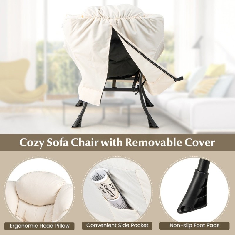 Beige nojatuoli ja rahi setti sivutaskulla