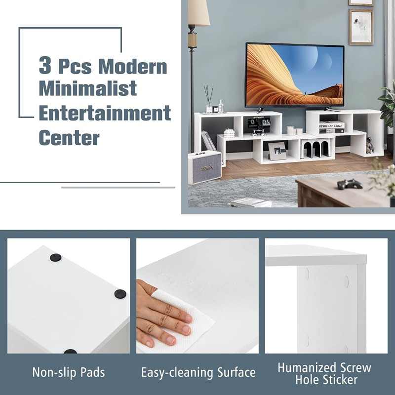 Valkoinen muunneltava TV-taso 65" televisioille, 3 osaa