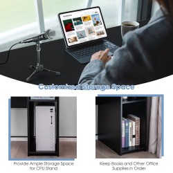 Musta puinen tietokonepöytä laatikolla ja hyllyillä