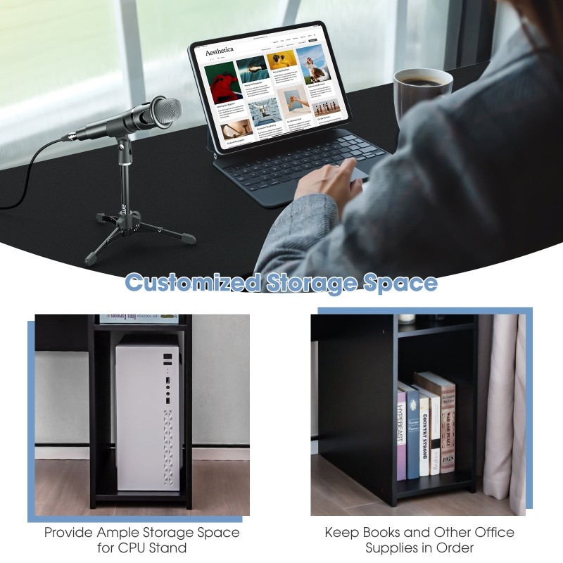 Musta puinen tietokonepöytä laatikolla ja hyllyillä