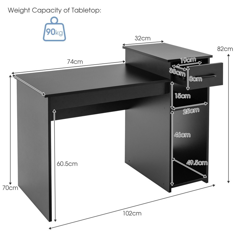 Musta puinen tietokonepöytä laatikolla ja hyllyillä