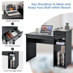 Musta puinen tietokonepöytä laatikolla ja hyllyillä