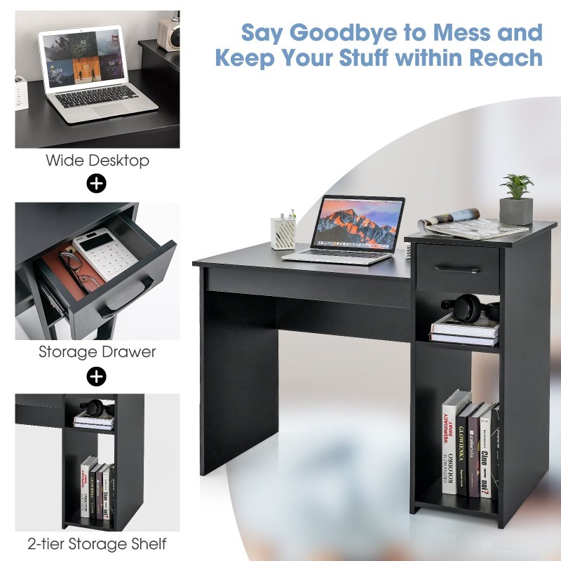 Musta puinen tietokonepöytä laatikolla ja hyllyillä