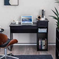 Musta puinen tietokonepöytä laatikolla ja hyllyillä