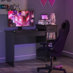 Musta puinen tietokonepöytä laatikolla ja hyllyillä