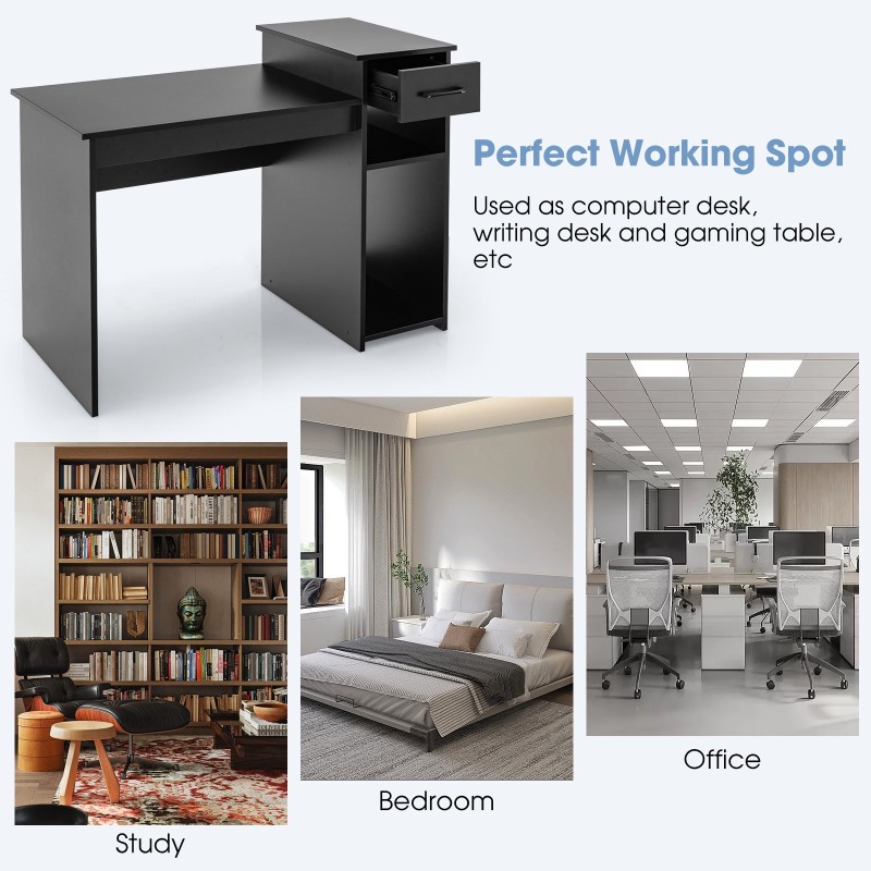 Musta puinen tietokonepöytä laatikolla ja hyllyillä