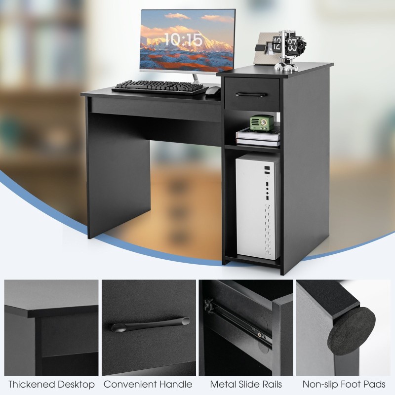 Musta puinen tietokonepöytä laatikolla ja hyllyillä