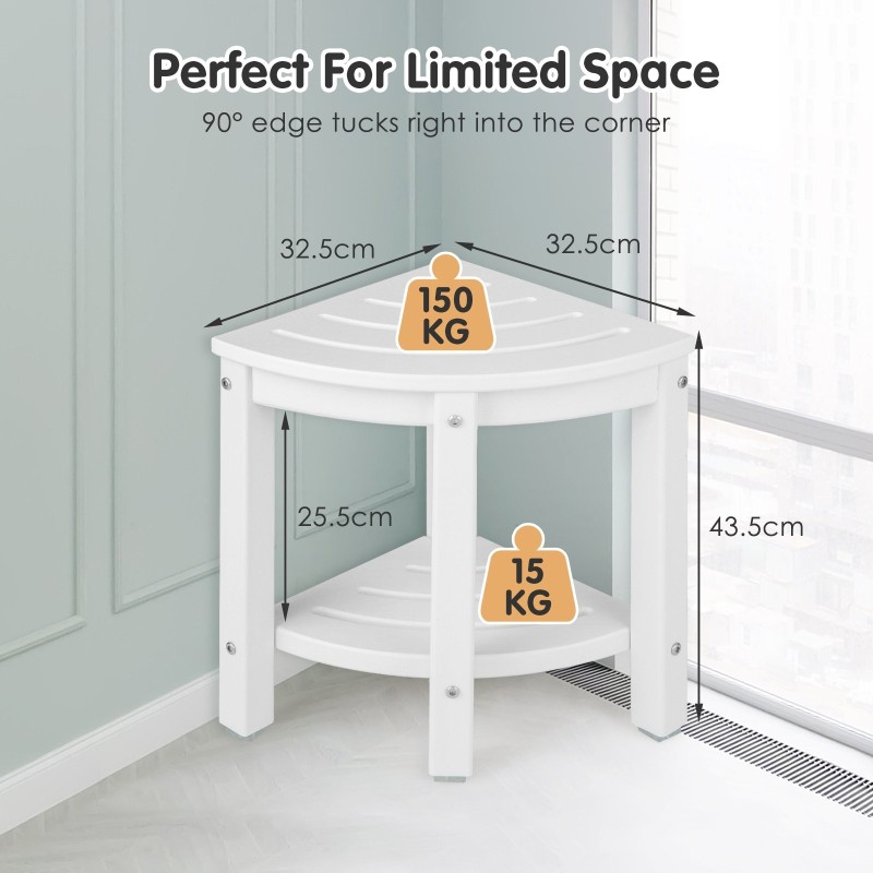 Vedenkestävä kulmasuihkupenkki säilytyshyllyllä valkoinen