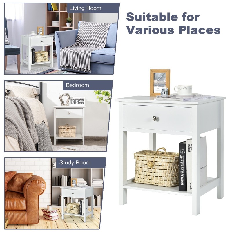 Kaksi valkoista puista yöpöytää laatikolla ja hyllyllä