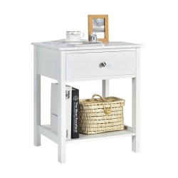 Kaksi valkoista puista yöpöytää laatikolla ja hyllyllä