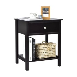 Kaksiosainen musta yöpöytä laatikolla ja hyllyllä