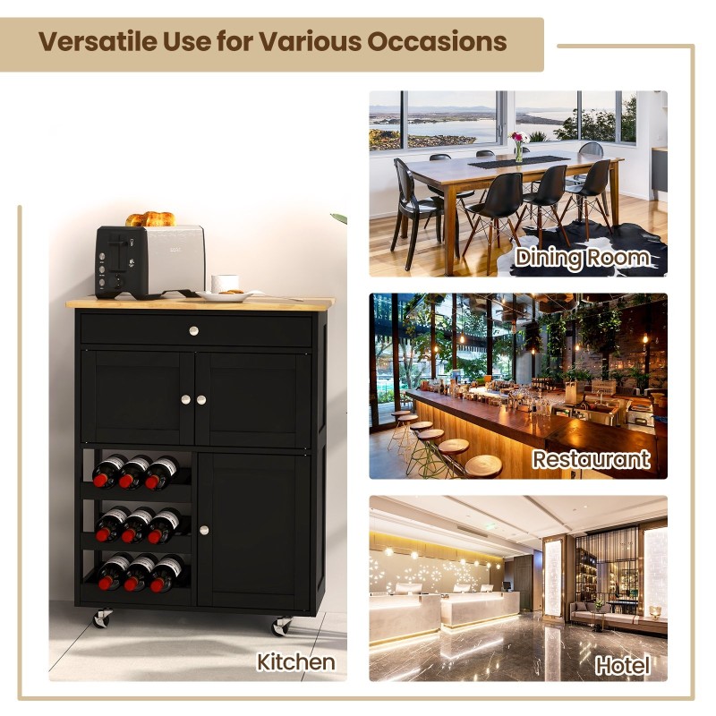 Musta keittiövaunu viinitelineillä ja kaapeilla