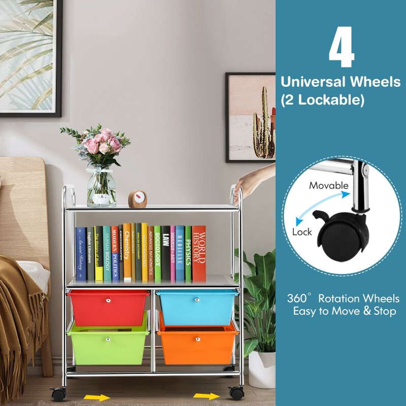 Värikäs rullakko neljällä irrotettavalla laatikolla ja pyörillä