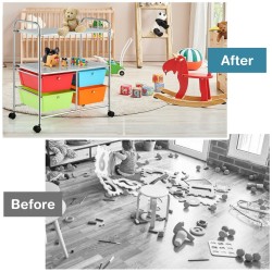 Värikäs rullakko neljällä irrotettavalla laatikolla ja pyörillä