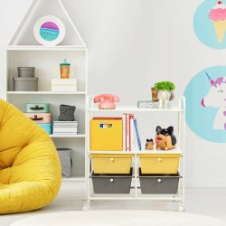 Keltainen monikäyttöinen rullakärry neljällä laatikolla ja hyllyillä