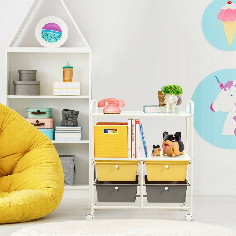 Keltainen monikäyttöinen rullakärry neljällä laatikolla ja hyllyillä