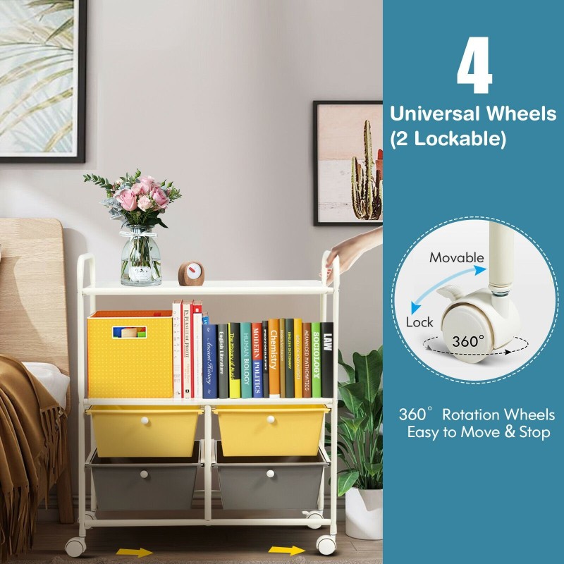 Keltainen monikäyttöinen rullakärry neljällä laatikolla ja hyllyillä