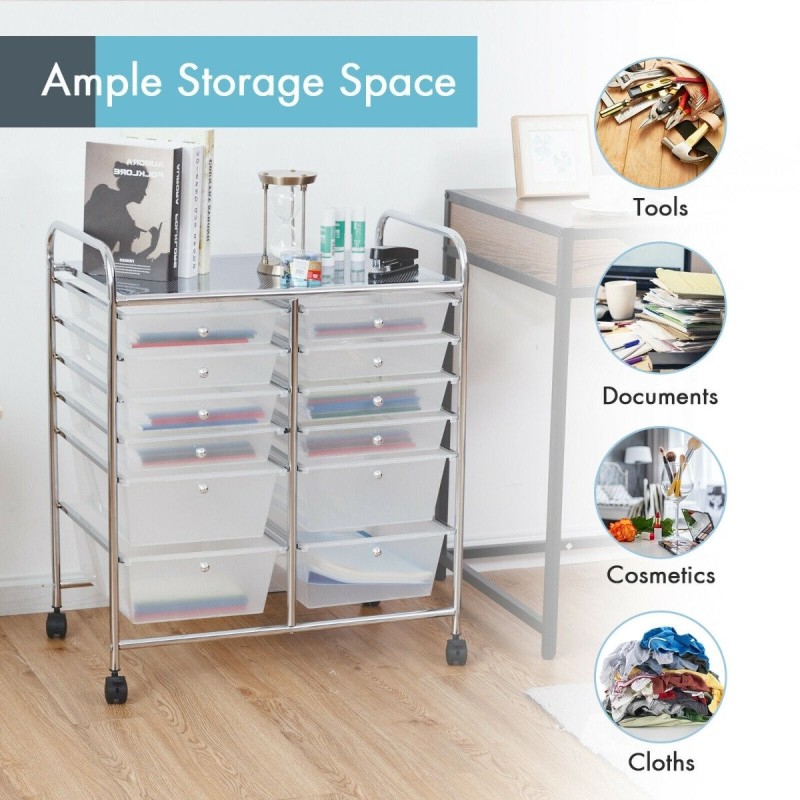 Rullakärry 12 laatikolla ja metallirungolla, läpinäkyvä