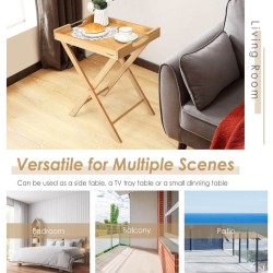 Kokoontaitettava bambusivupöytä teräskahvoilla ja irrotettavalla tarjottimella