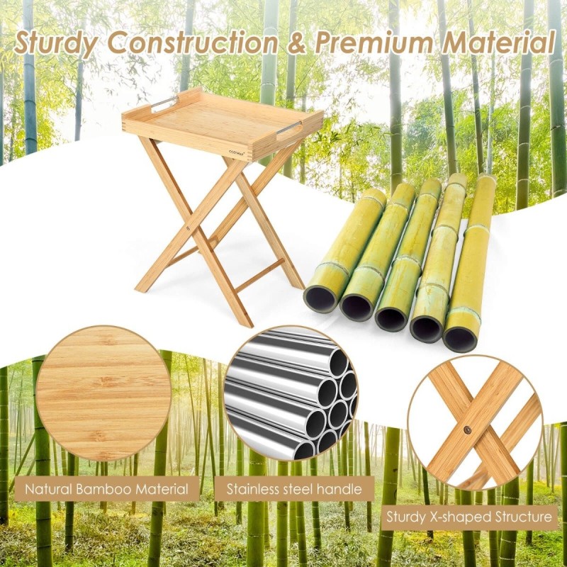 Kokoontaitettava bambusivupöytä teräskahvoilla ja irrotettavalla tarjottimella