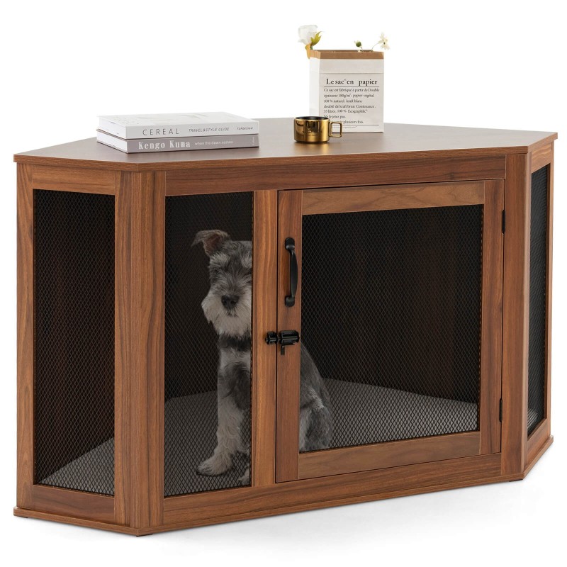 Kulmamallinen lemmikkikoti pöytätasolla ja lukittavalla ovella ruskea