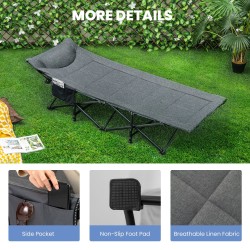 Taitettava harmaa retkisänky sivutaskulla, kantavuus 200 kg