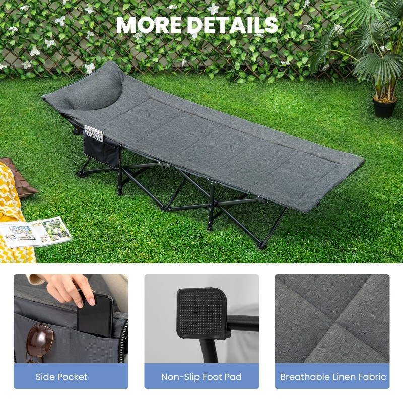 Taitettava harmaa retkisänky sivutaskulla, kantavuus 200 kg