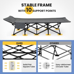 Taitettava harmaa retkisänky sivutaskulla, kantavuus 200 kg