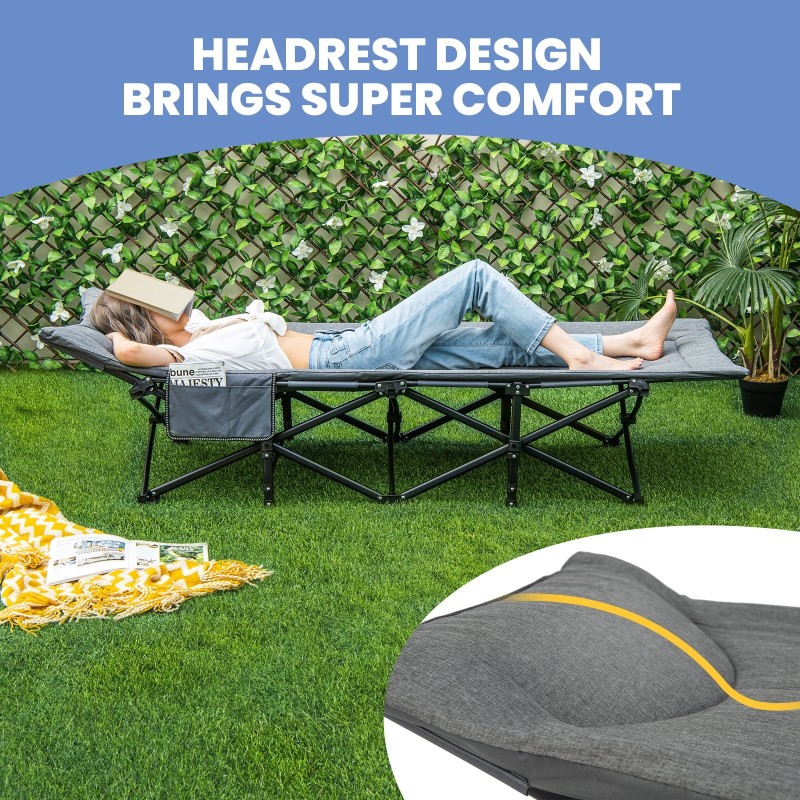 Taitettava harmaa retkisänky sivutaskulla, kantavuus 200 kg