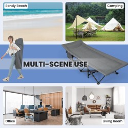 Taitettava harmaa retkisänky sivutaskulla, kantavuus 200 kg