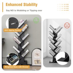 Mustapuu kirjahylly 10-tasoinen laatikolla ja kaatumissuojalla