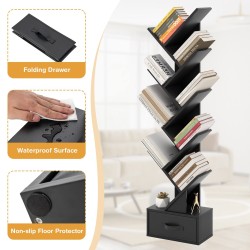 Mustapuu kirjahylly 10-tasoinen laatikolla ja kaatumissuojalla