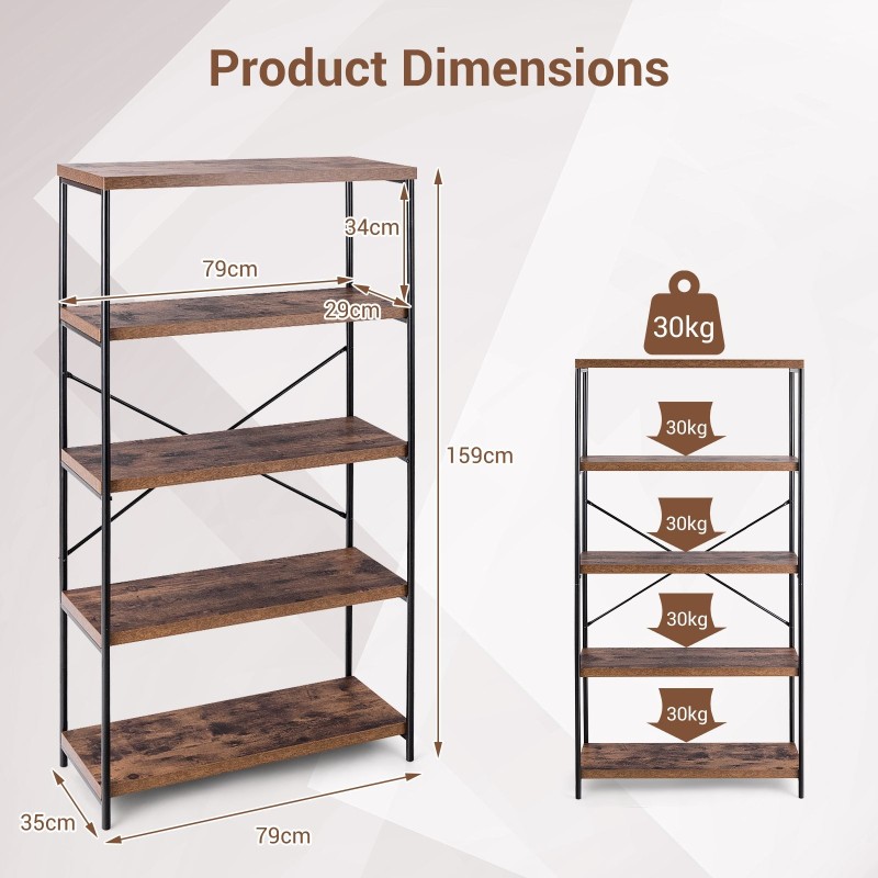 Vapaasti seisova ruskea puinen 5-tasoinen säilytyskirjahylly