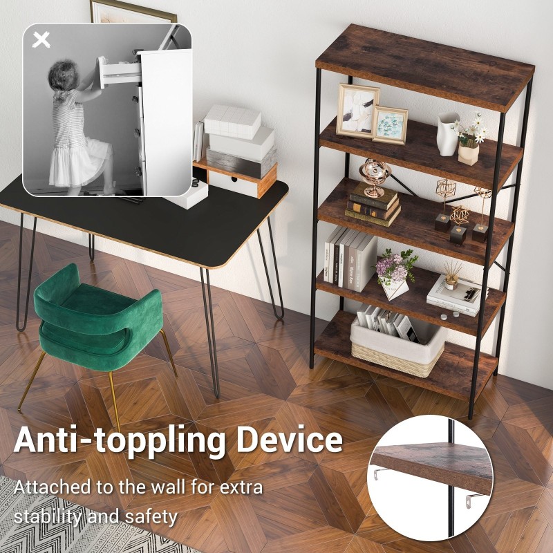 Vapaasti seisova ruskea puinen 5-tasoinen säilytyskirjahylly