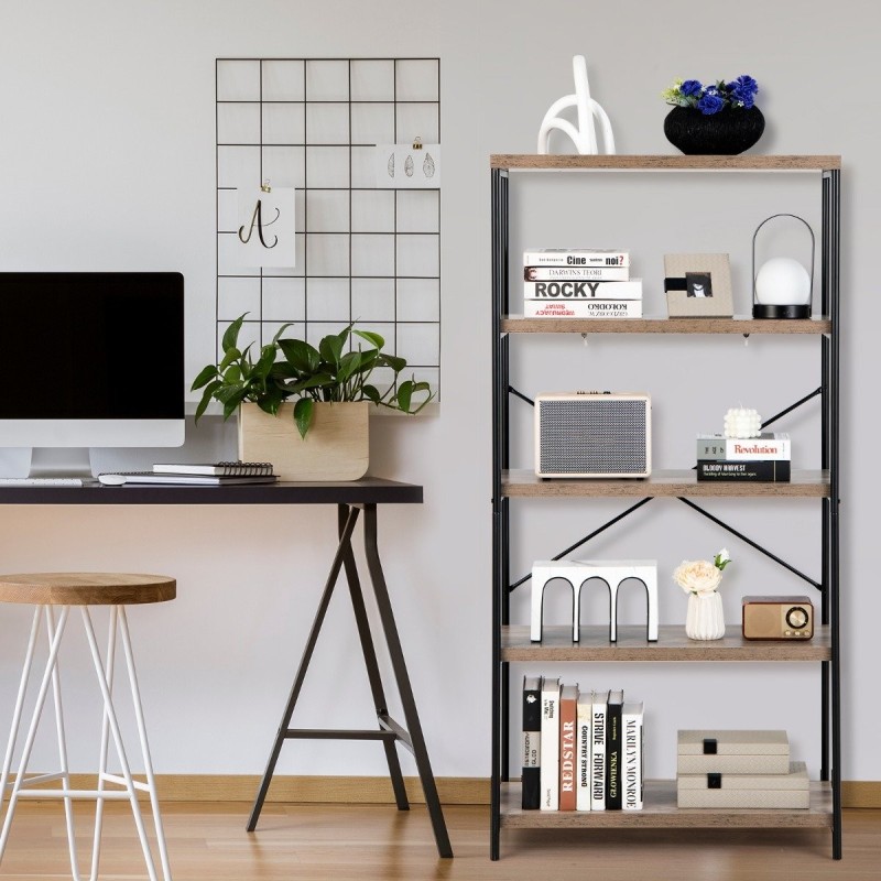 Vapaasti seisova harmaa 5-tasoinen puinen kirjahylly