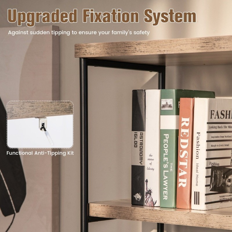 Vapaasti seisova harmaa 5-tasoinen puinen kirjahylly