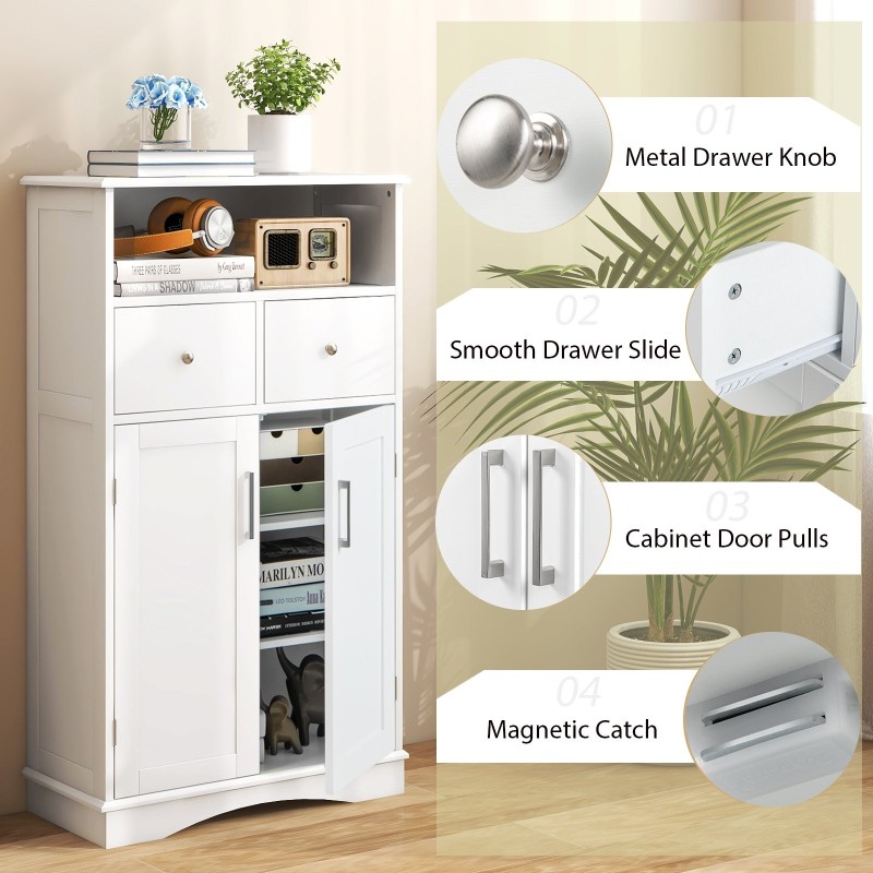 Valkoinen kylpyhuonekaappi 2 ovella ja laatikoilla