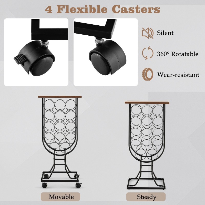 Viinipulloteline 14 pullolle, pyörillä, musta, lasimuotoilu