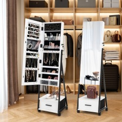 Liikuteltava lukittava korukaappi kokovartalopeilillä - valkoinen