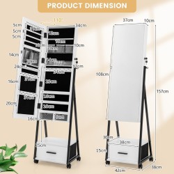 Liikuteltava lukittava korukaappi kokovartalopeilillä - valkoinen