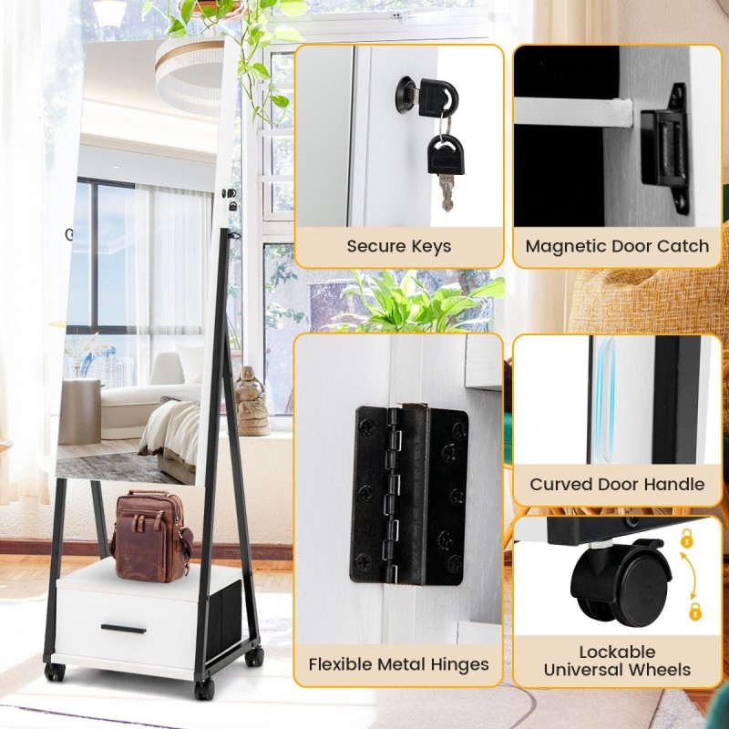 Liikuteltava lukittava korukaappi kokovartalopeilillä - valkoinen