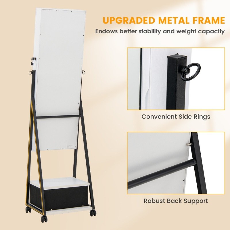 Liikuteltava lukittava korukaappi kokovartalopeilillä - valkoinen