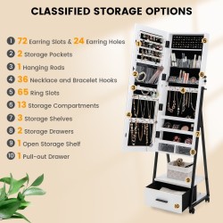 Liikuteltava lukittava korukaappi kokovartalopeilillä - valkoinen