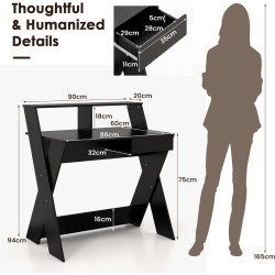 Musta tietokonepöytä säilytyslaatikolla ja näyttötelineellä