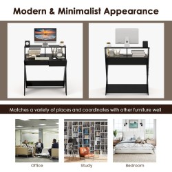 Musta tietokonepöytä säilytyslaatikolla ja näyttötelineellä