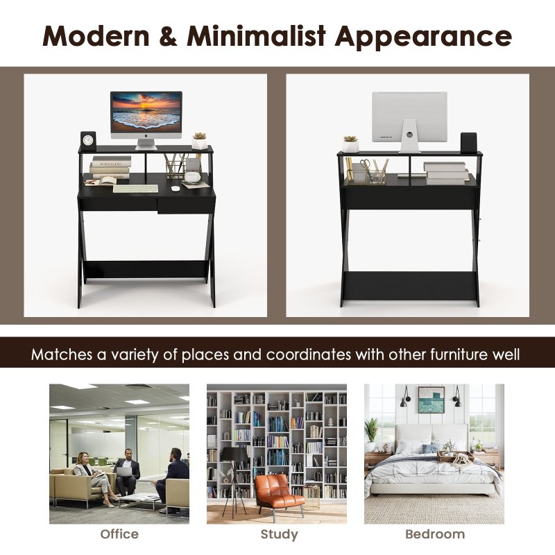 Musta tietokonepöytä säilytyslaatikolla ja näyttötelineellä