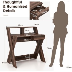 Moderni ruskea työpöytä laatikolla ja monitorikorokkeella